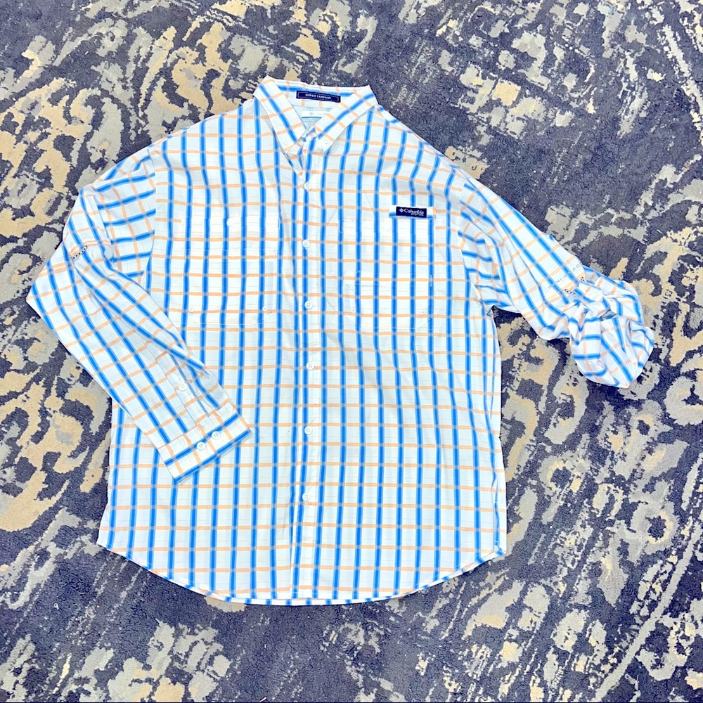 Columbia PFG Blue Orange Vented Fishing Long Sleeve Button Down Shirt Size Large